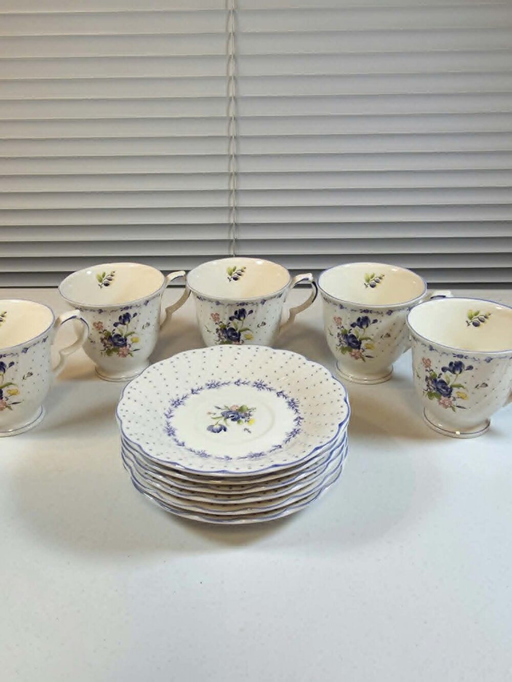 NIKKO BLUE PEONY BLOSSOMTIME (5) 3" CUPS & (6) SAUCERS PORCELAIN FLORAL JAPAN